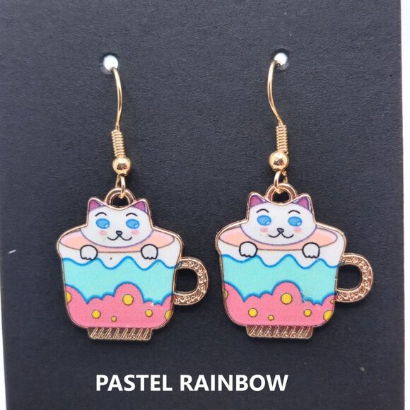 Pastel Rainbow Kawaii Cat Teacup Earrings – Handmade Blue & Pink Dangles - Picture 1 of 3